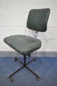 A VINTAGE TANSAD SWIVEL CHAIR, with green leatherette upholstery (base rusted and leatherette