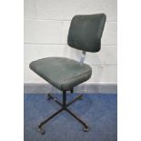 A VINTAGE TANSAD SWIVEL CHAIR, with green leatherette upholstery (base rusted and leatherette