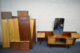 A MID CENTURY TEAK AND MAPLE BEDROOM SUITE, comprising a double bifold door wardrobe, width 200cm