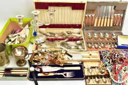 CASED SETS OF CUTLERY, LOOSE CUTLERY AND COSTUME JEWELLERY, to include a cased canteen of cutlery