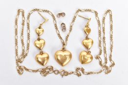 A 9CT GOLD PENDANT NECKLACE AND MATCHING EARRINGS, plain polished puffy heart pendant, hallmarked