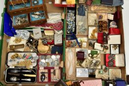 TWO BOXES OF ASSORTED ITEMS, to include a small wooden jewellery box, various pieces of costume