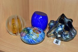 FOUR DECORATIVE STUDIO GLASS PAPERWEIGHTS, comprising Gail D. Gill iridescent rock form paperweight,
