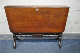 AN EDWARDIAN MAHOGANY SUTHERLAND TABLE, on turned splayed legs, united by turned stretchers, open