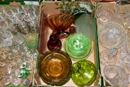 THREE BOXES OF GLASSWARES, to include a red cut to clear decanter, a green seven piece fruit bowl