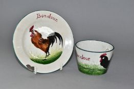 A WEYMSS 'BONJOUR' SUGAR BOWL AND PLATE, both painted with cockerels, both bear printed oval