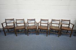 A SET OF SIX OAK SLATTED CHAIRS, with open armrests, all stamped to side with a Royal GR below a