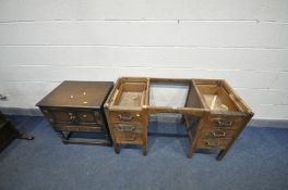 A 20TH CENTURY OAK KNEE HOLE DESK, with two banks of three drawers, length 107cm x depth 52cm x