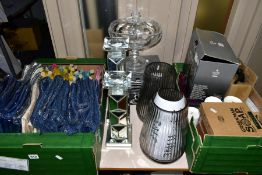 TWO BOXES AND LOOSE AS NEW GLASSWARES, CANDLES, CUSHION COVERS, SOAP, ETC to include two boxed