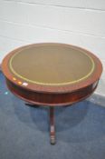 A BERESFORD & HICKS MAHOGANY PEDESTAL DRUM TABLE, with a dark green leather inlay and two drawers,