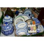 TWO BOXES AND LOOSE CERAMICS ETC, to include Denby 'Colonial blue' dinner, side plates, bowls and