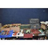 TWO TRAYS, A TOOLBOX AND AN ENGINEERS TOOL CHEST containing tools including a tilly lamp, saws,