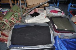 SIX BOXES, A BAG AND LOOSE CLOTHING AND RUGS, to include ladies trousers, tops, scarves and other