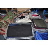 SIX BOXES, A BAG AND LOOSE CLOTHING AND RUGS, to include ladies trousers, tops, scarves and other
