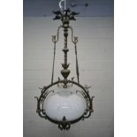AN EARLY 20TH CENTURY FRENCH BRASS CHANDELIER, with a white shade, diameter 62cm x drop 110cm (