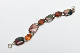 AN AF WHITE METAL AND HARD STONE BRACELET, a Scottish style bracelet set with a selection of hard