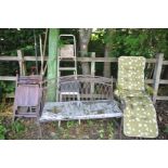 A METAL FRAMED GARDEN BENCH, plastic folding garden lounger, two folding wooden chairs, quantity