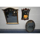 A 19TH CENTURY MAHOGANY FRETWORK WALL MIRROR, 39cm x 60cm, a gilt framed bevelled edge overmantel