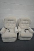 A PAIR OF BEIGE FLORAL UPHOLSTERED RISE AND RECLINE ARMCHAIRS (PAT pass and working) (condition -