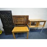 AN OAK DRAW LEAF DINING TABLE, 90cm squared x height 70cm, along with an oak affect table on