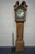 A GEORGE III LIGHT CARVED OAK EIGHT DAY LONGCASE CLOCK, the hood with a deep swan neck pediment,