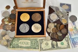 A SHOE BOX CONTAINING MIXED COINS WITH A SMALL AMOUNT OF SILVER, to include an Arthur price boxed