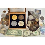 A SHOE BOX CONTAINING MIXED COINS WITH A SMALL AMOUNT OF SILVER, to include an Arthur price boxed