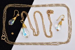 A 9CT GOLD CRYSTAL NECKLACE AND EARRING SET AND A YELLOW METAL CHAIN, a briolette faceted crystal