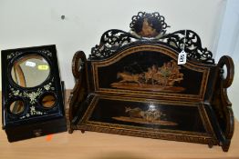 A LATE 19TH CENTURY SORRENTO WARE BOOKSLIDE AND A LATE VICTORIAN FOLDING STEREOGRAPH, both in need