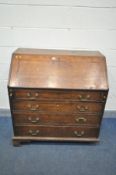 A GEORGIAN OAK AND BOX INLAID BUREAU, the fall front enclosing a fitted interior, over four long