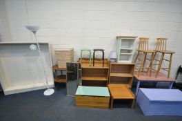 A QUANTITY OF OCCASIONAL FURNITURE, to include a pair of beech high stools, a painted pine coffee