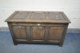 AN OAK BLANKET CHEST with fielded panels, width 101cm x depth 49cm x height 57cm