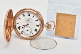 A 9CT THOMAS RUSSELL & SON POCKET WATCH AND A GILT STAMP, plain polished full hunter pocket watch,