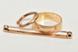 A 9CT GOLD BAND RING AND YELLOW METAL BAR BROOCH AND EARRING, a plain polished courted yellow