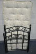 A METAL FRAMED SINGLE BEDSTEAD, with mesh bed base and a divan bed and mattress (good condition)