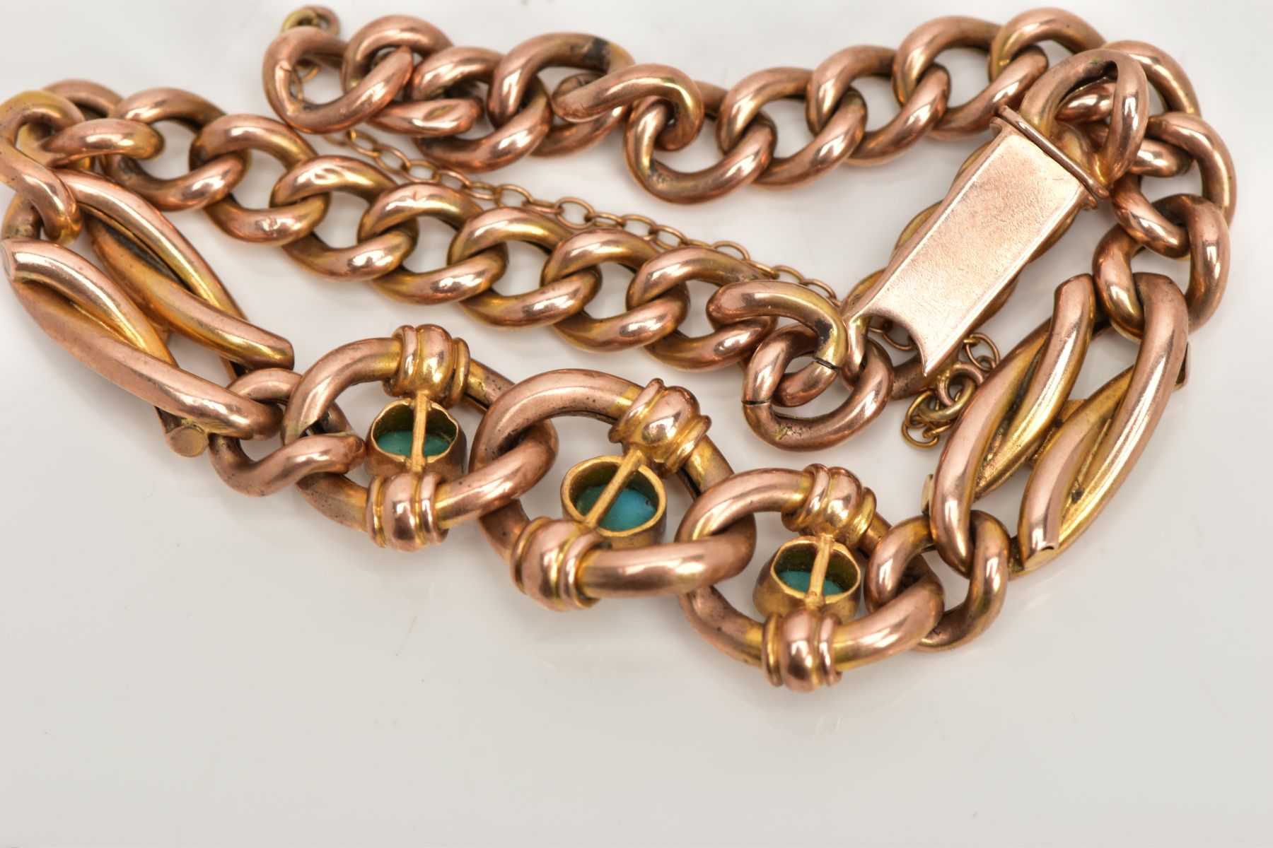 A VICTORIAN GOLD BRACELET, hollow curb link bracelet, centring with three circular links set with - Image 4 of 4