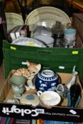 TWO BOXES OF CERAMICS AND GLASS ETC, to include eight vintage Poole pottery cups, saucers and side