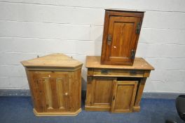 A VICTORIAN PINE TWO DOOR CABINET WITH A SINGLE DRAWER, width 91cm x depth 39cm x height 84cm (right