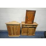 A VICTORIAN PINE TWO DOOR CABINET WITH A SINGLE DRAWER, width 91cm x depth 39cm x height 84cm (right