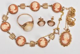 AN ASSORTMENT OF 9CT GOLD CAMEO JEWELLERY, to include a bracelet comprised of six circular shell