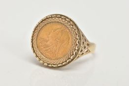 A 9CT GOLD HALF SOVEREIGN RING, an 1898 half sovereign coin mounted into a basket style ring mount,