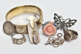 AN ASSORTMENT OF WHITE METAL JEWELLERY, to include a locket ring, stamped sterling, a gold plated