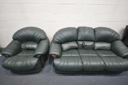 A GREEN LEATHERETTE TWO PIECE SUITE, comprising a three seater sofa, length 205cm, and an