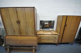 A LEBUS FURNITURE MID CENTURY TEAK FOUR PIECE BEDROOM SUITE, comprising a two door wardrobe, width