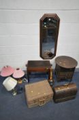 A VINTAGE OAK SINGER SEWING MACHINE, along with an oak sewing box (worn finish) a telescopic piano