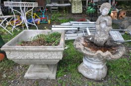 A SQUARE COMPOSITE URN with floral decoration on a separate stepped base, width 52cm square x height