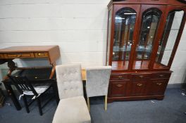 A MORRIS FURNITURE MAHOGANY GLAZED WALL UNIT, top with two doors, base with three doors and a single