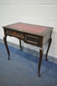 AN EDWARDIAN MAHOGANY LADIES DESK, with a red leather writing surface, the frieze with a single