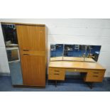 A MID-CENTURY UNIFLEX TEAK TWO PIECE BEDROOM SUITE, comprising a dressing table with a triple mirror