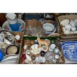 FOUR BOXES AND LOOSE CERAMICS AND GLASSWARES, to include two Royal Crown Derby white square